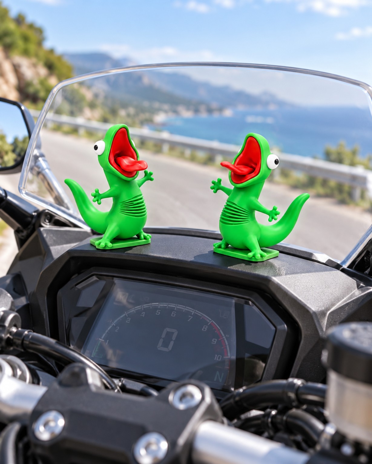 Two wobbly lizard figures on a motorcycle